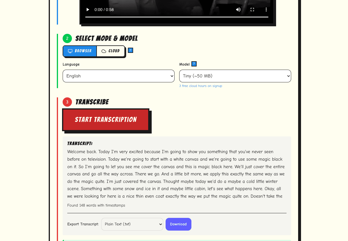 AI transcription complete with word-level timestamps