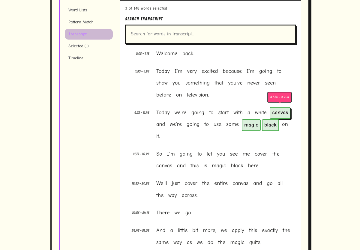 Select words to censor in the interactive transcript