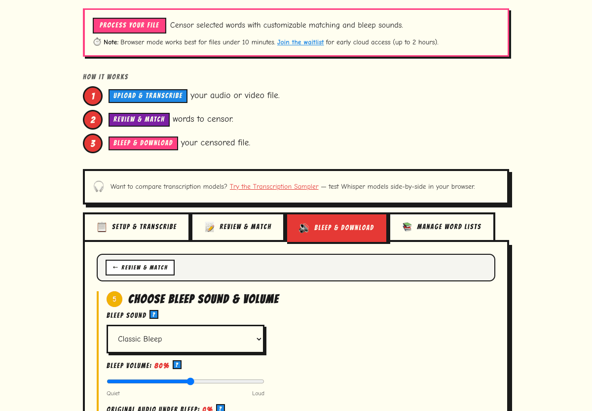 Choose bleep sound and adjust volume settings